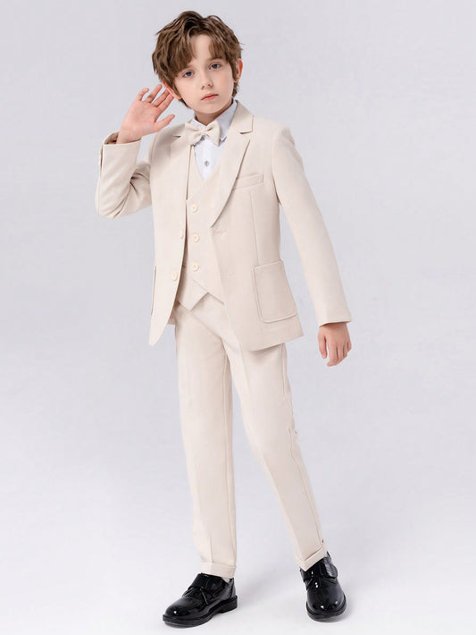 4pcs Young Boy Suit Set, Including Jacket, Vest, Pants And Bow Tie. Perfect For New Year's Day And Other Formal Occasions, Spring