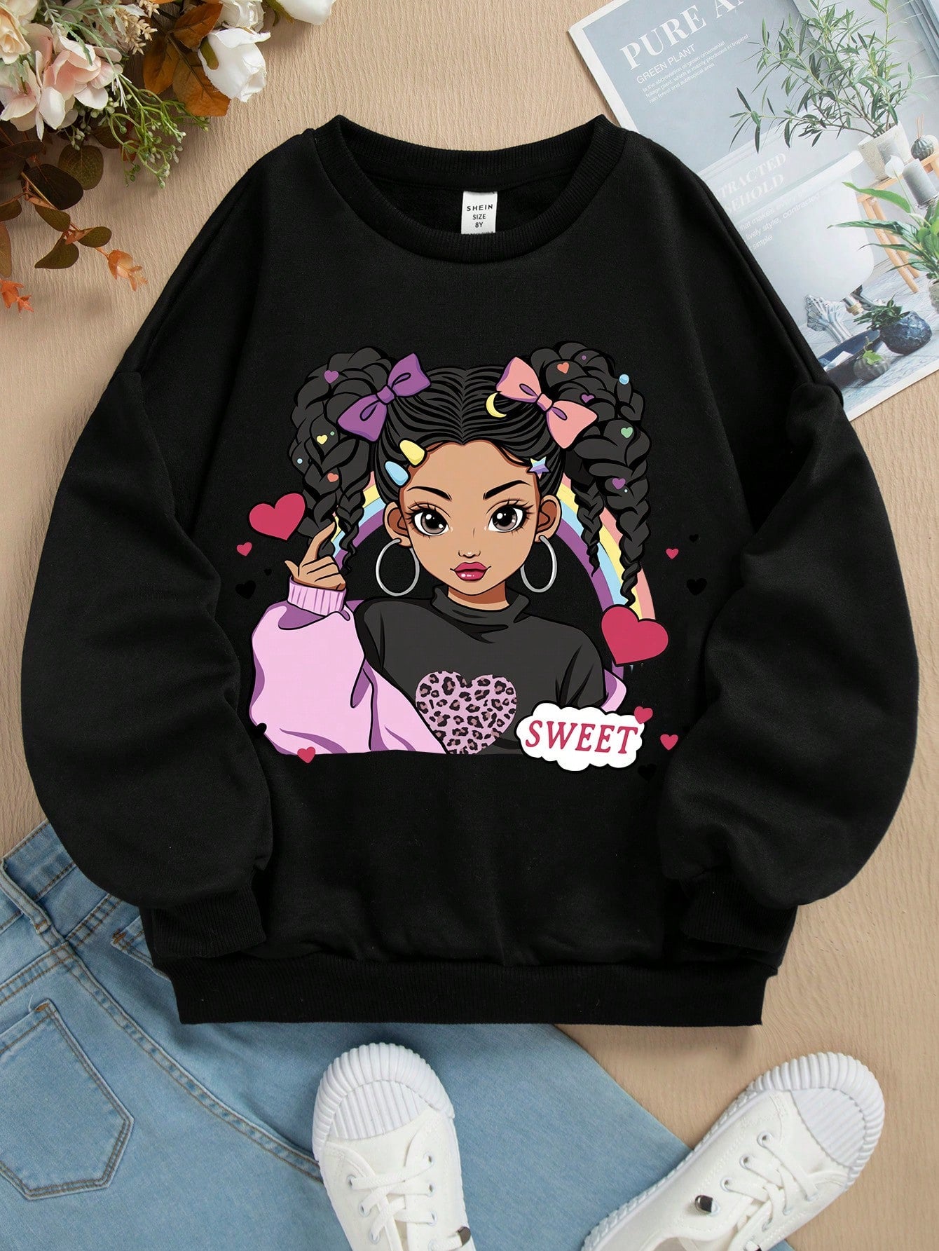 Tween Girl Casual Minimalist Cartoon Pattern Long Sleeve Sweatshirt, Suitable For Autumn And Winter