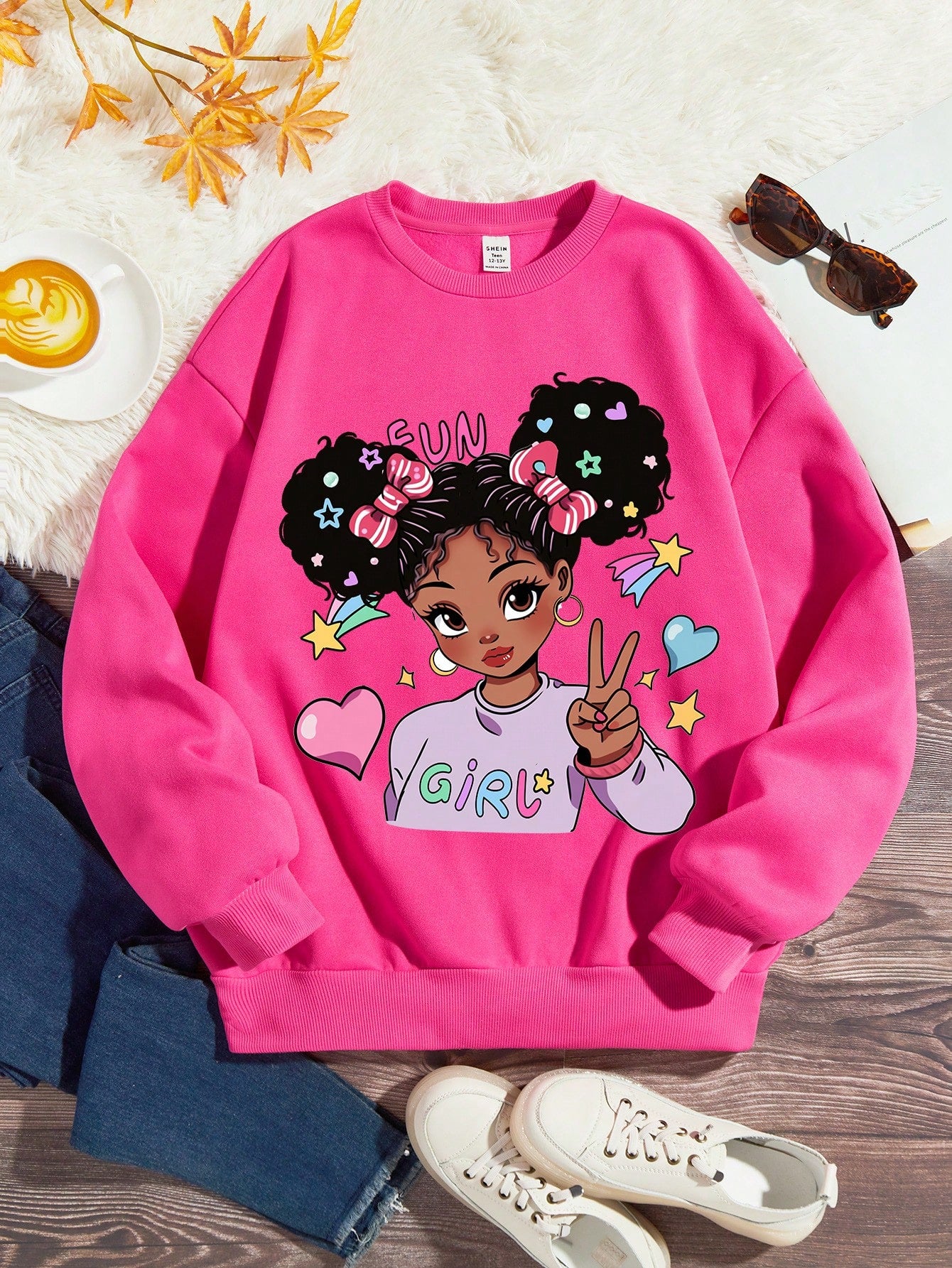 Tween Girl Casual Minimalist Cartoon Pattern Long Sleeve Sweatshirt, Suitable For Autumn And Winter