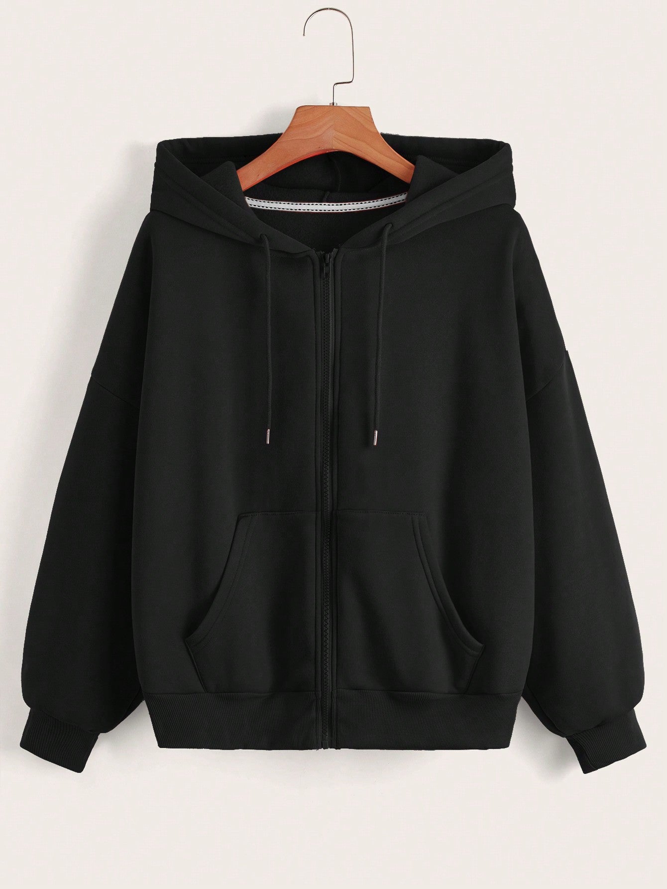 Zip Up Drop Shoulder Drawstring Thermal Lined Hoodie