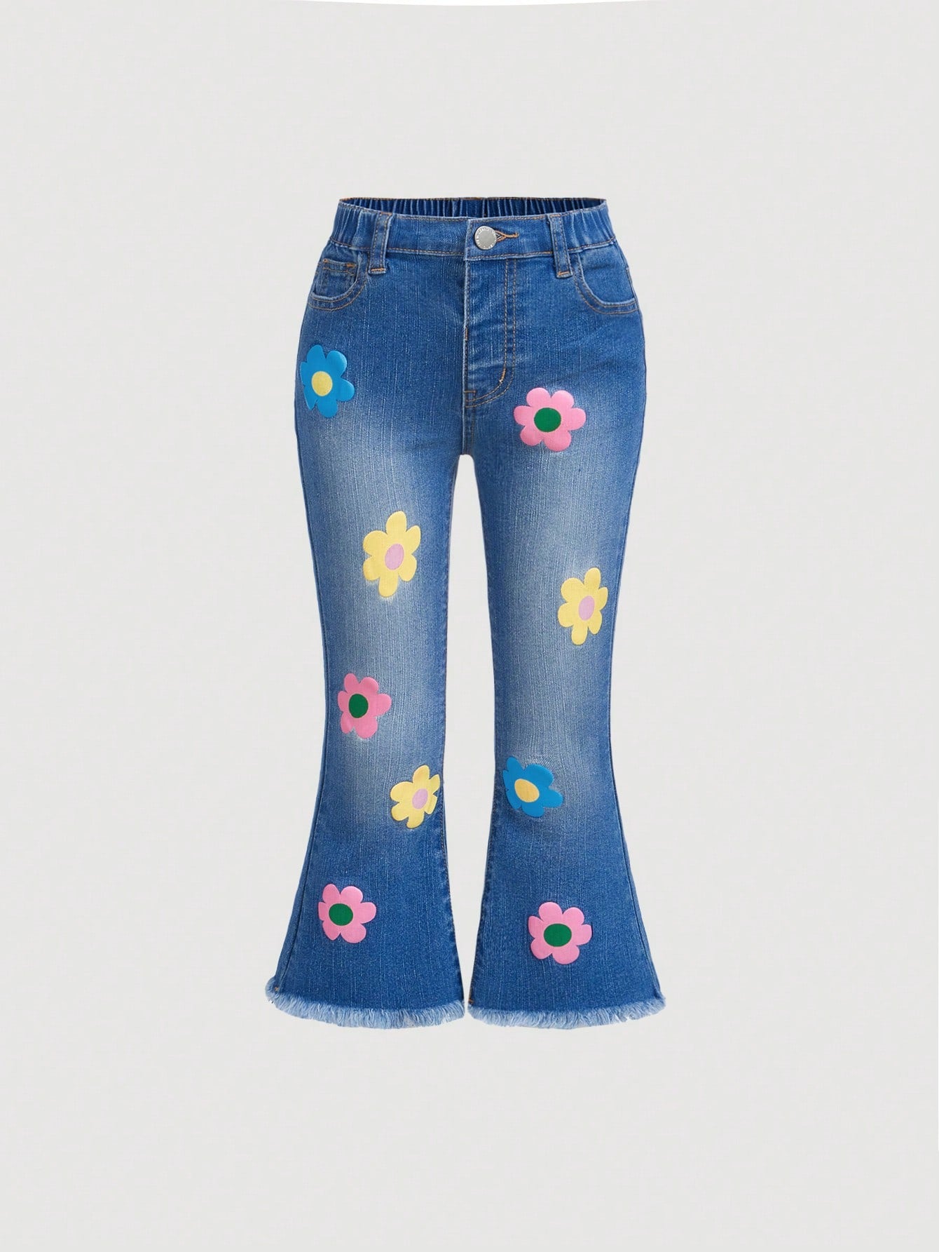 Young Girl Floral Print Raw Cut Flare Leg Jeans