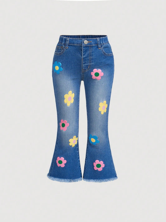 Young Girl Floral Print Raw Hem Flare Leg Jeans