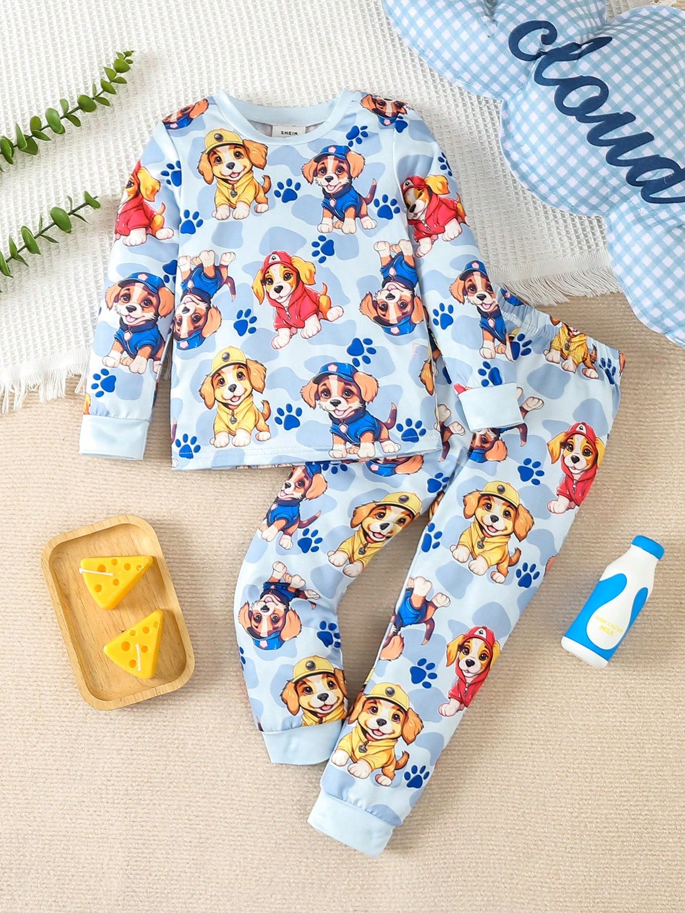 Young Boy Adorable Puppy Print Long Sleeve & Pants Thermal Snug Fit Underwear Set For Home