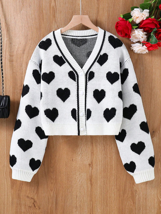 Teen Girls' Regular Fit Long Sleeve Cardigan With Heart Pattern