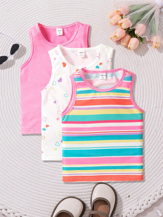 Young Girl's Casual And Colorful Summer Heart Stripe And Printed Tank Top For Summer 3-Piece Set, Suitable For Travel, Holiday And Can Be Matched With Other Outfits