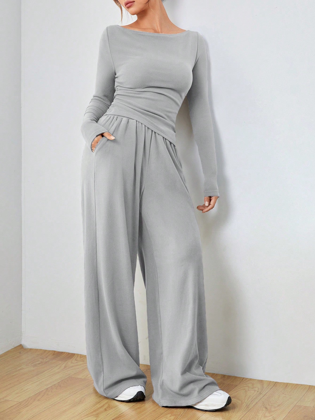 Knitted Women's Slim Fit Boat Neck Long Sleeve Top And Wide Leg Pants Set