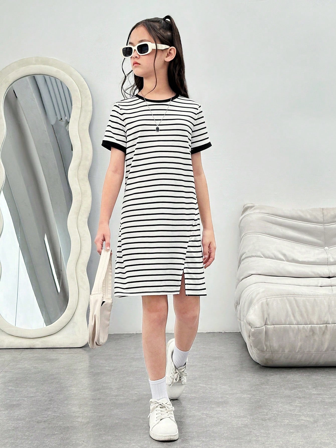 Tween Girls' Cool And Sweet Striped Knitted T-Shirt Dress For Spring And Summer