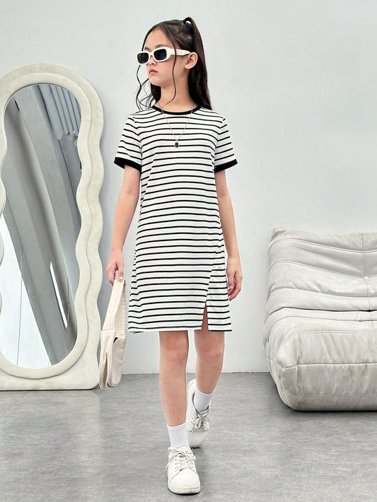 Tween Girls' Cool And Sweet Striped Knitted T-Shirt Dress For Spring And Summer