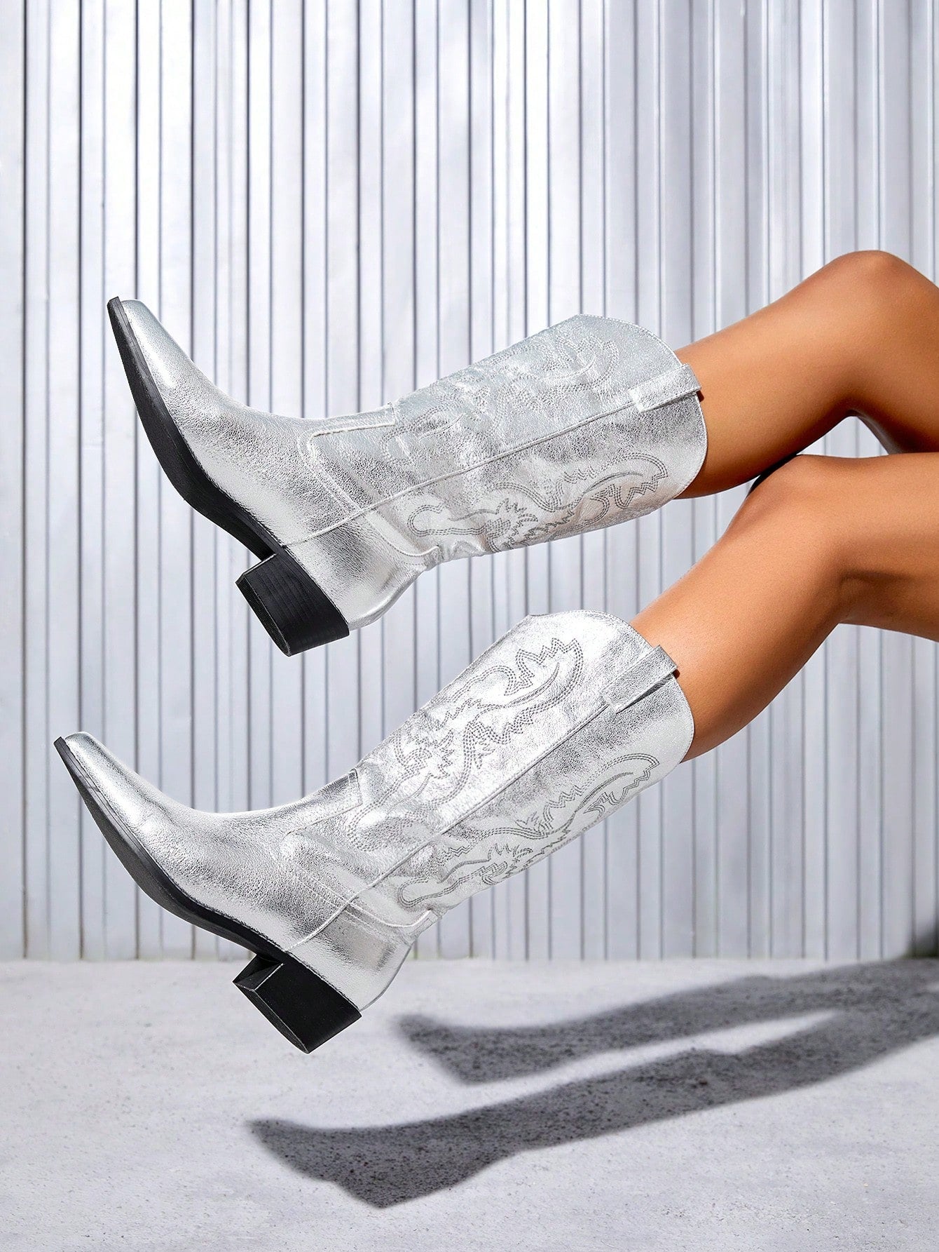 Styleloop Women's Mid-Heel Winter Boots, Silver Shiny Finish, Western Style Embroidered Mid-Calf Warm Boots For Summer Vacation Shoes, Cowboy Boots For Women Boho Feels