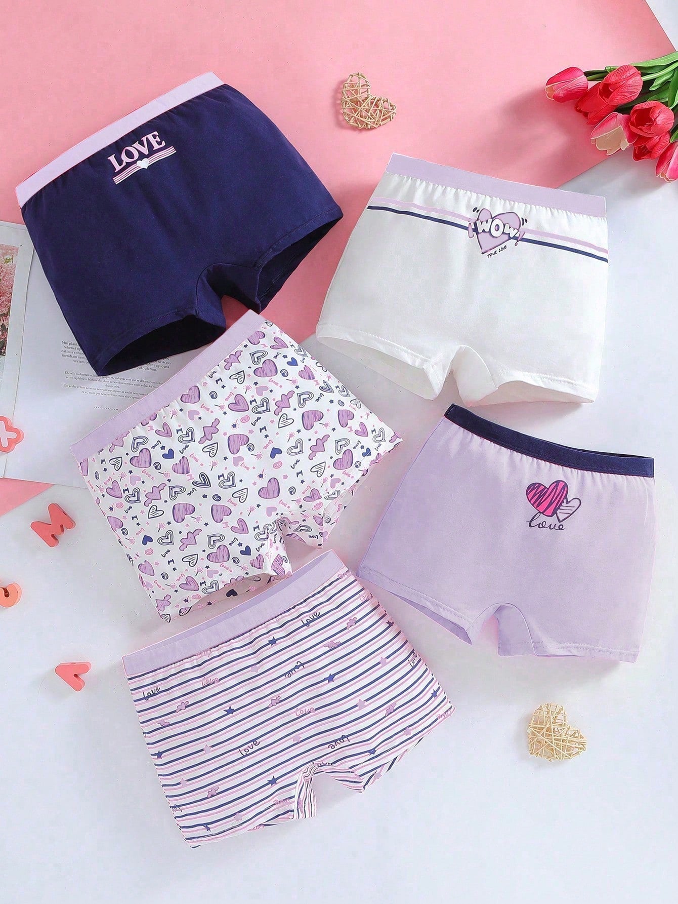 Tween Girl 5pcs Heart & Letter Graphic Contrast Tape Boxer Brief