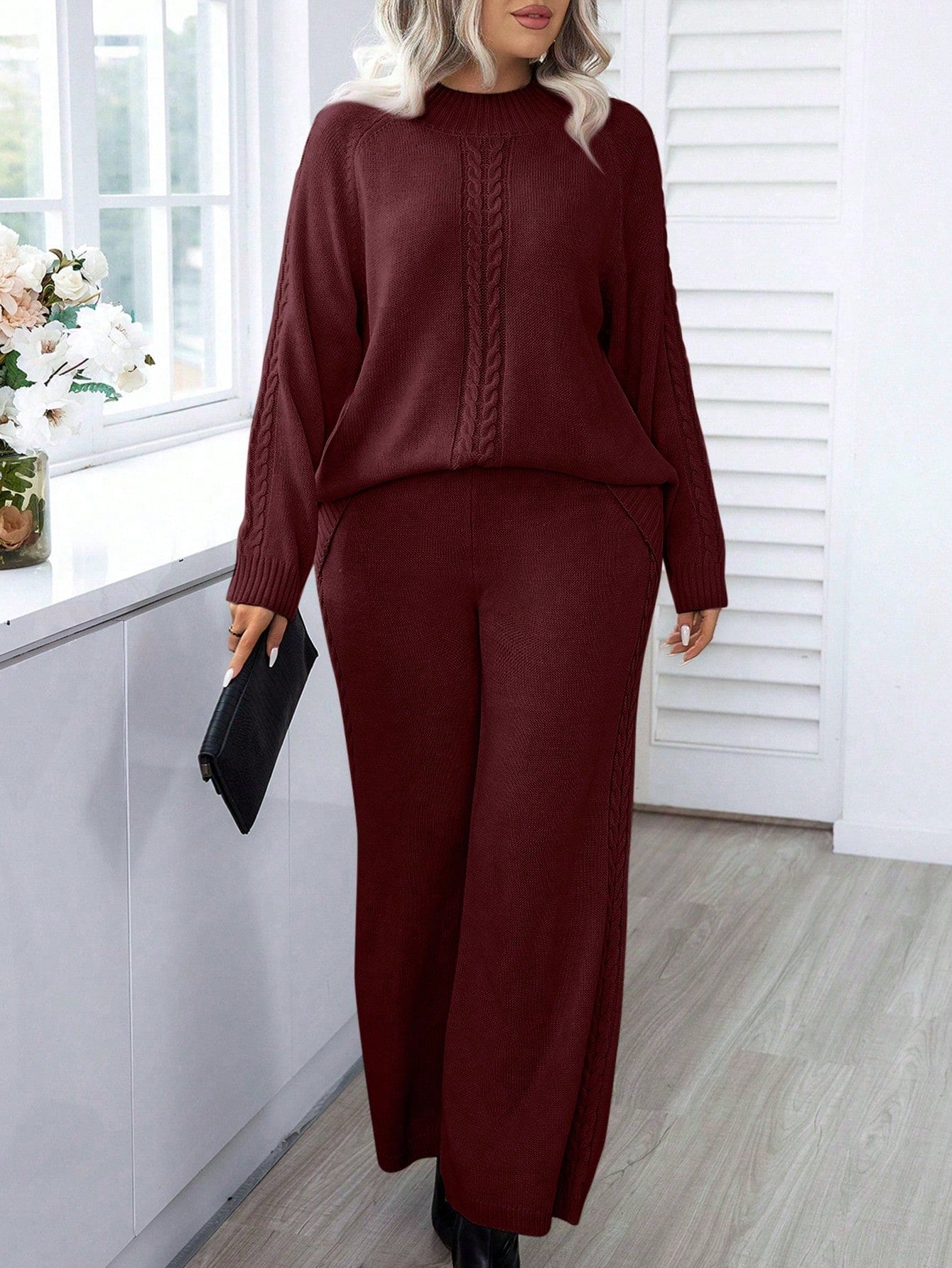 Women's Plus Size Stand Collar Cable Knit Sweater And Knit Pants Set