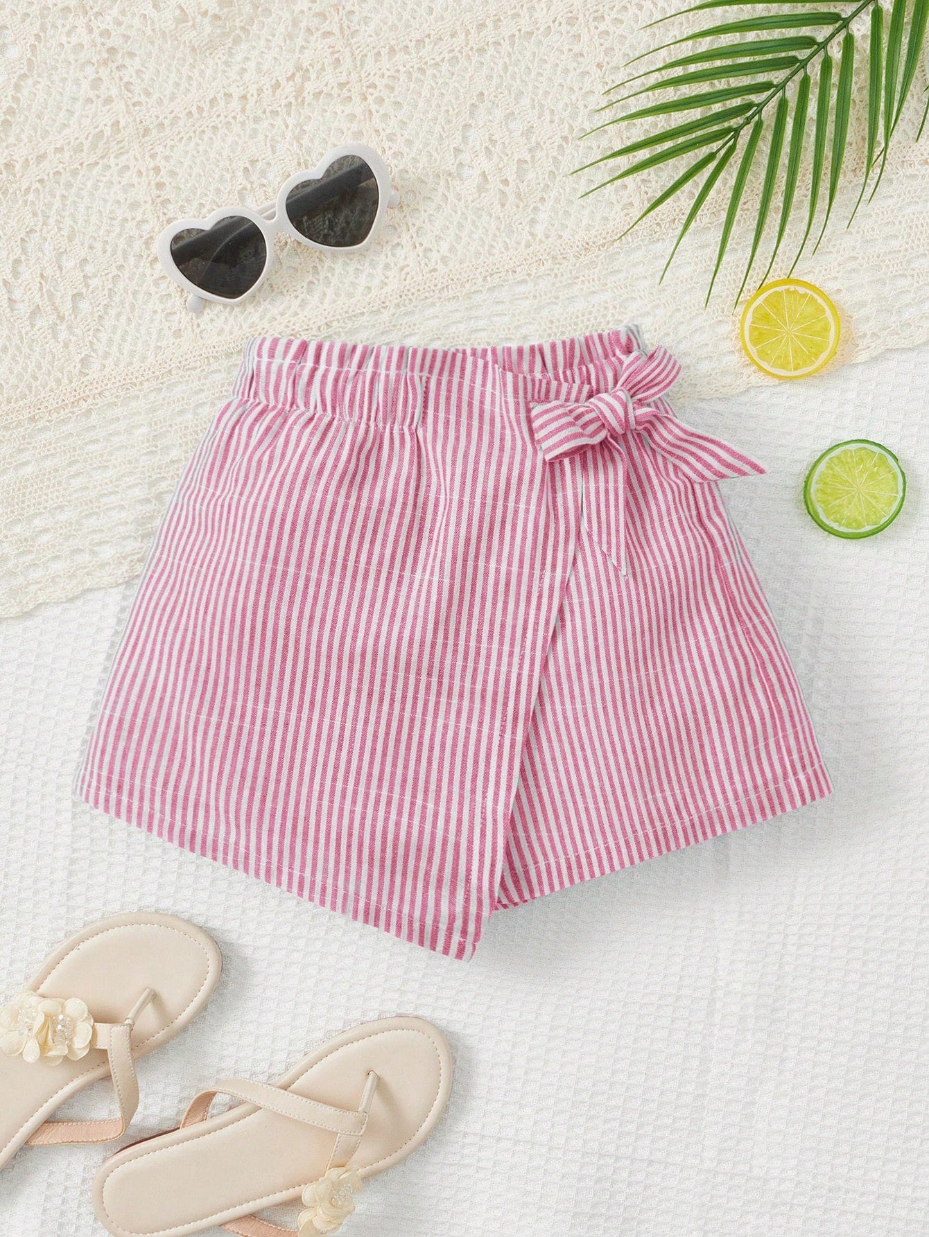 Young Girl Striped Print Wrap Knot Side Skort