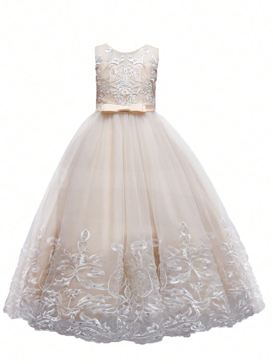 Young Girls Embroidery Mesh Overlay Bow Front Gown Dress