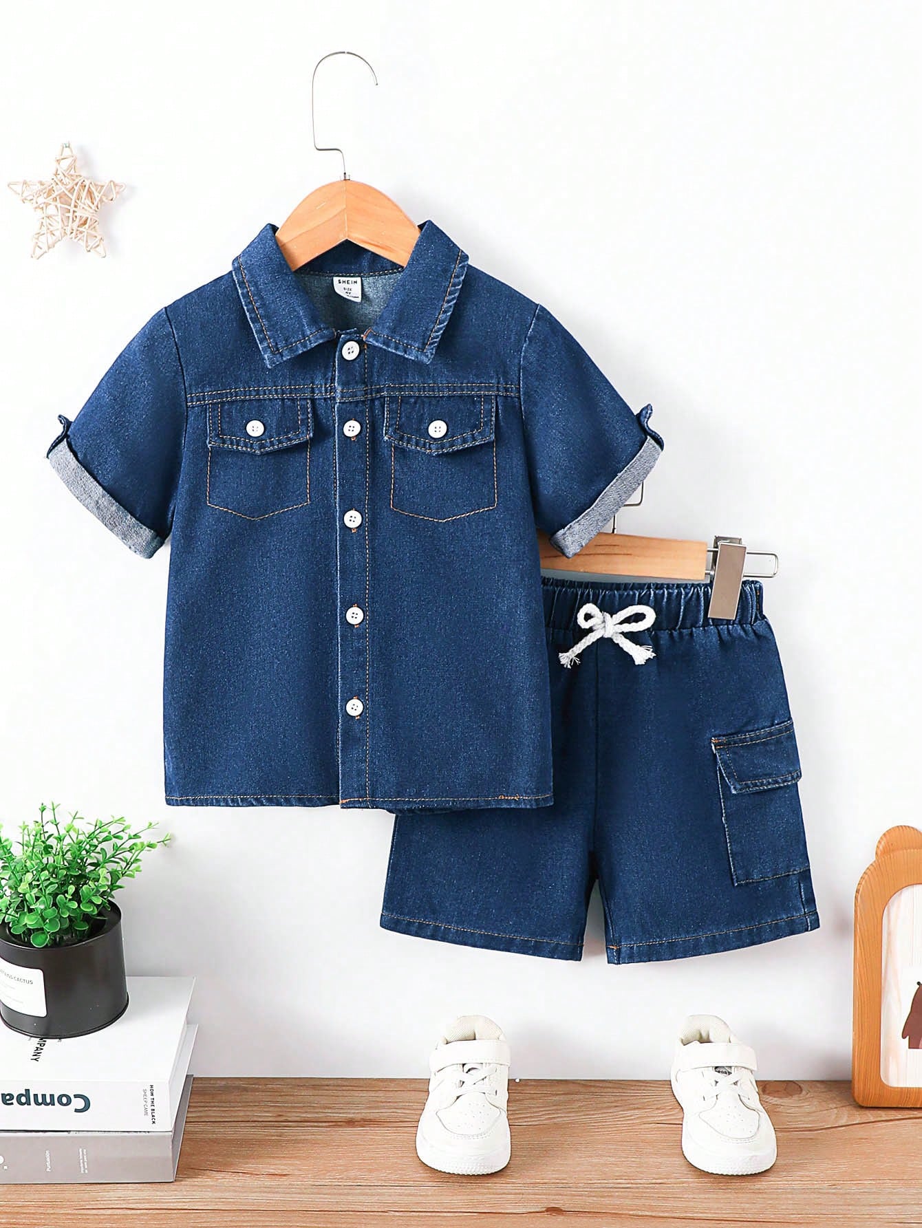 Kids Young Boy Casual Deep Blue Shirt And Comfortable Blue Denim Shorts Outfit Set, 2pcs