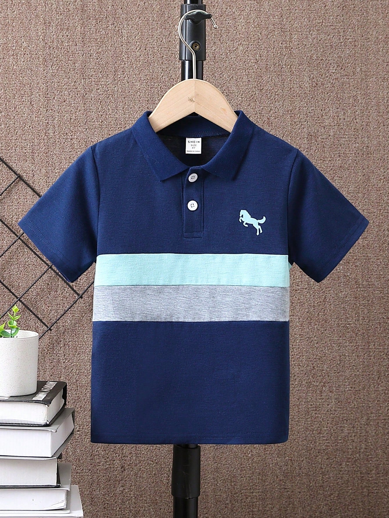 Young Boy Short Sleeve Color Block Polo Shirt With Horse Embroidery Summer Outfit