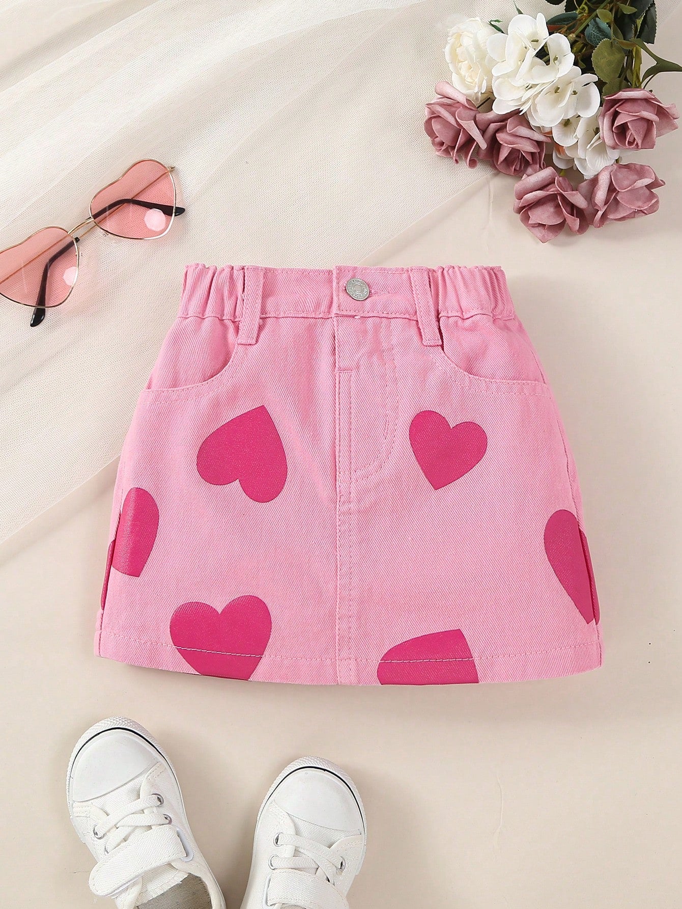 Young Girl Y2k Style Sweet And Cool Heart-Shaped Printing Elastic Waist Denim Skirt