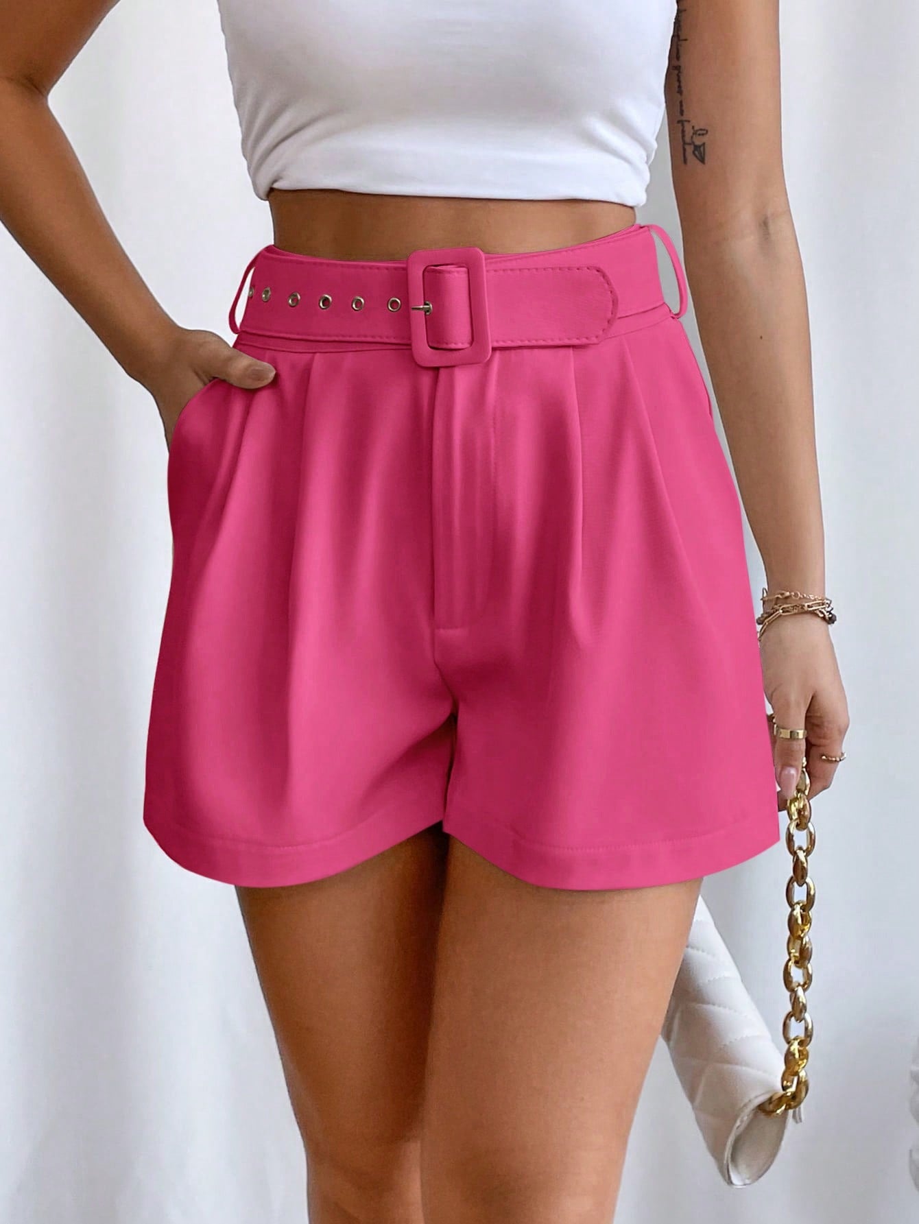 High-Waisted Shorts With Diagonal Pockets For Valentine'S Day, Dating , Parties And Summer Holiday