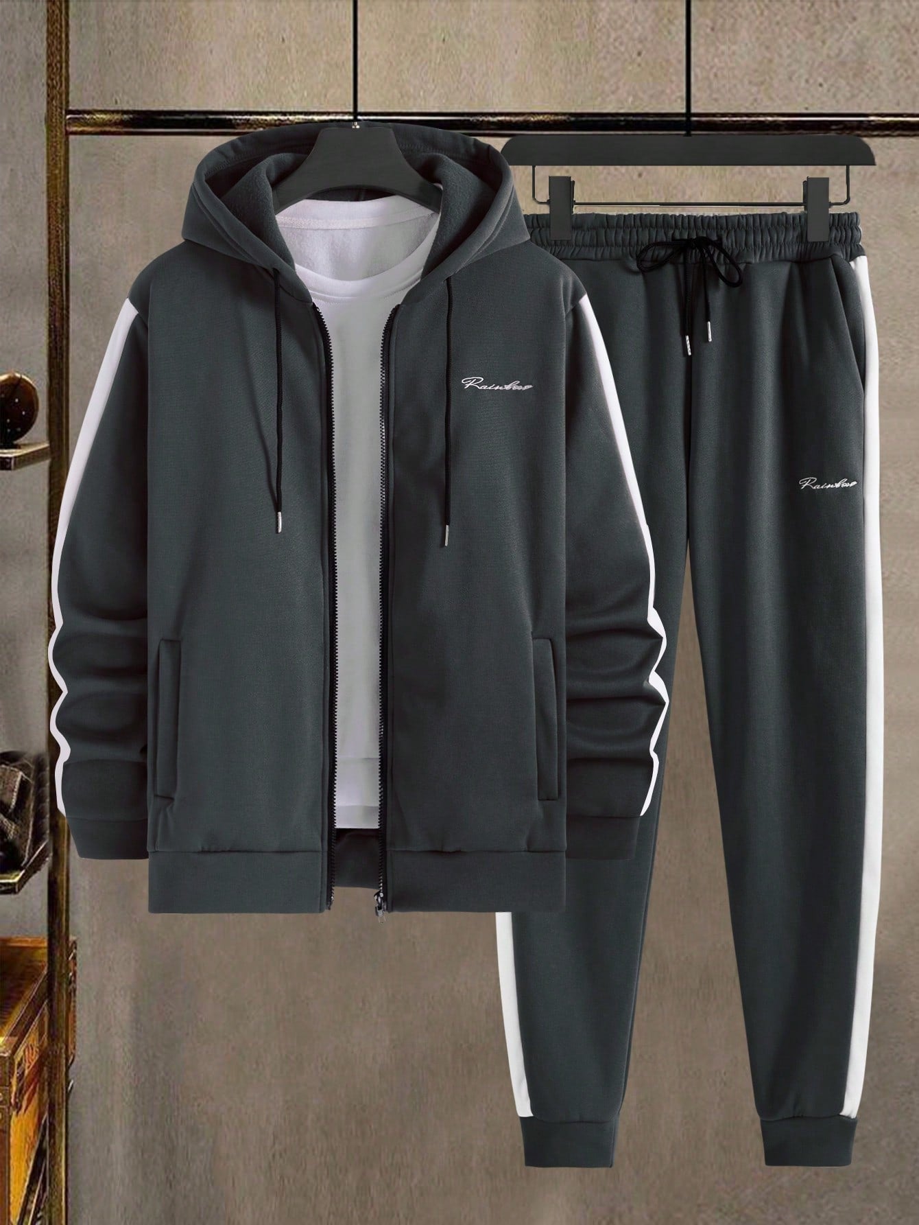 Men's Hooded Sweatshirt And Sweatpants Set With Zipper Front And Letter Print