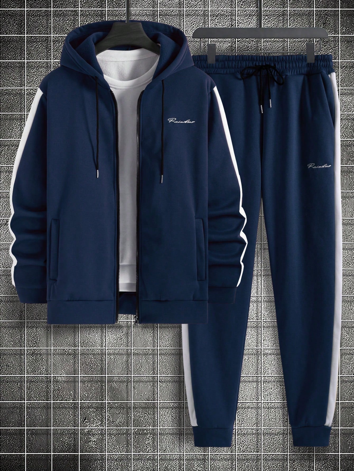 Men's Hooded Sweatshirt And Sweatpants Set With Zipper Front And Letter Print