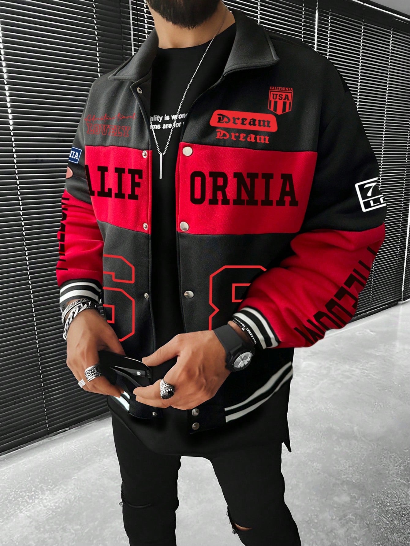 Loose Fit Men's Contrast Color Letter Print Jacket