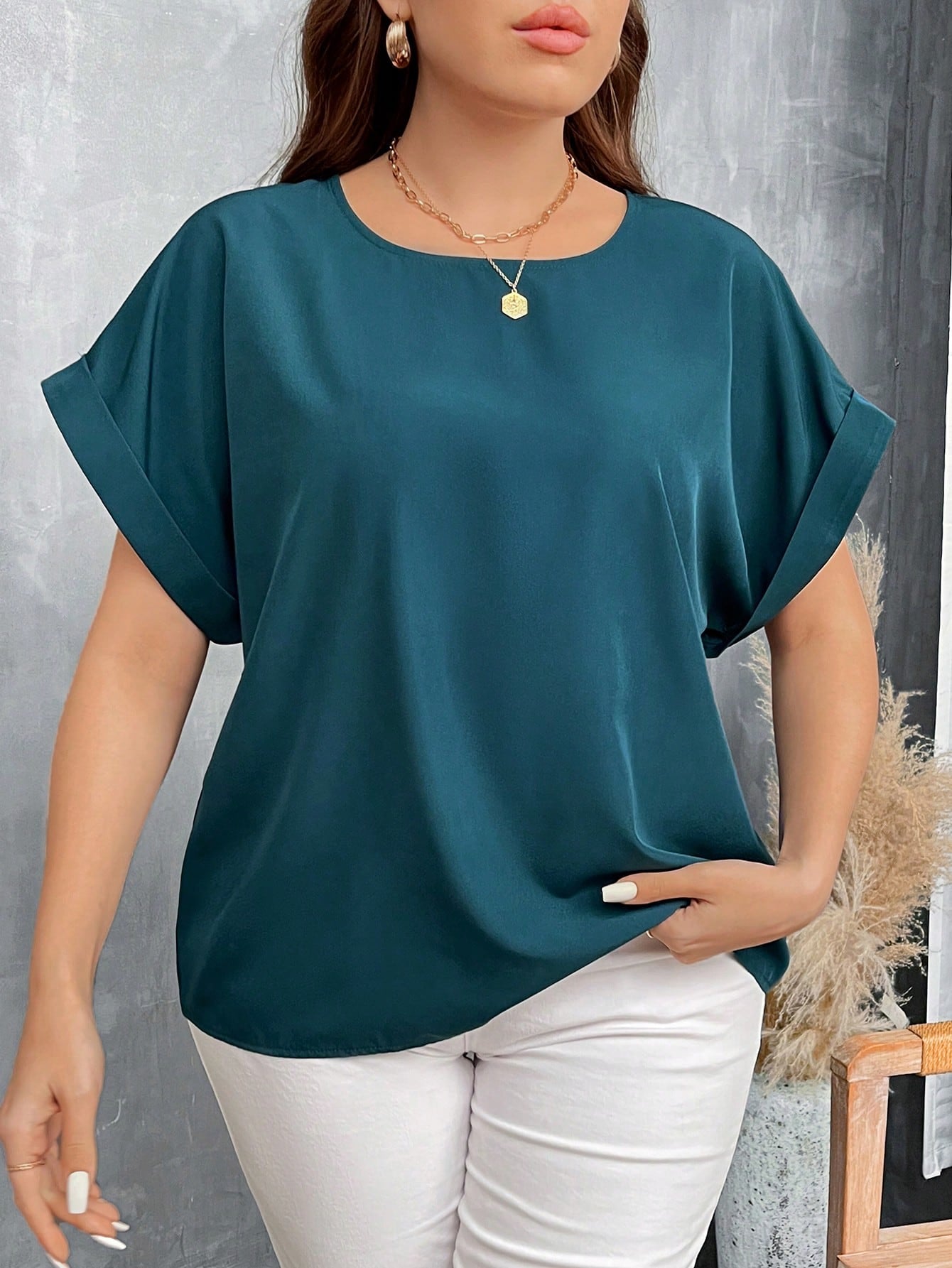 Plus Size Loose Round Neck Casual Basic Denim Look Blue Shirt With Drop Shoulders