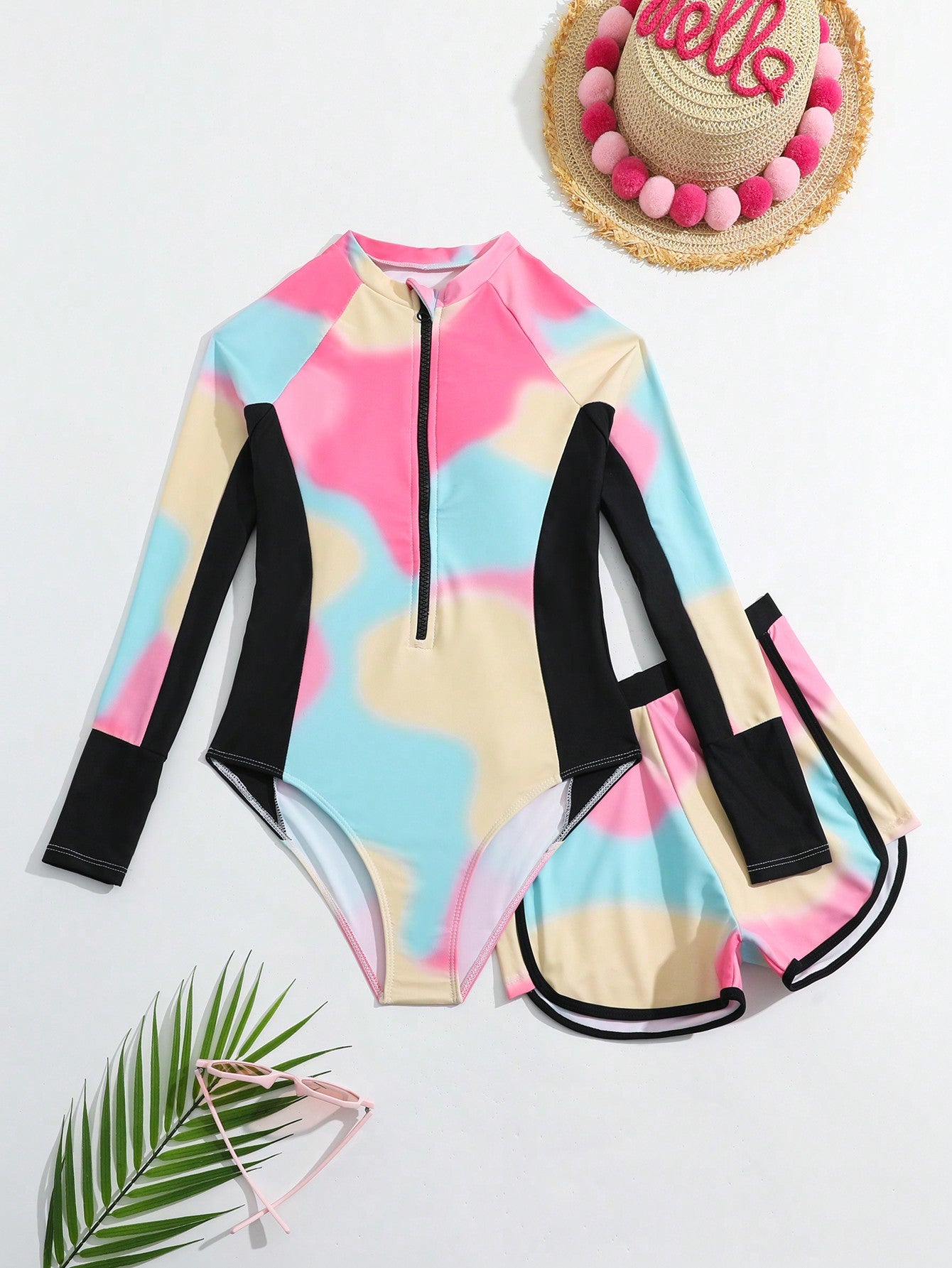 Tween Girl Long Sleeve Colorful One Piece Swimsuit (Random Print) & Swim Shorts, Summer