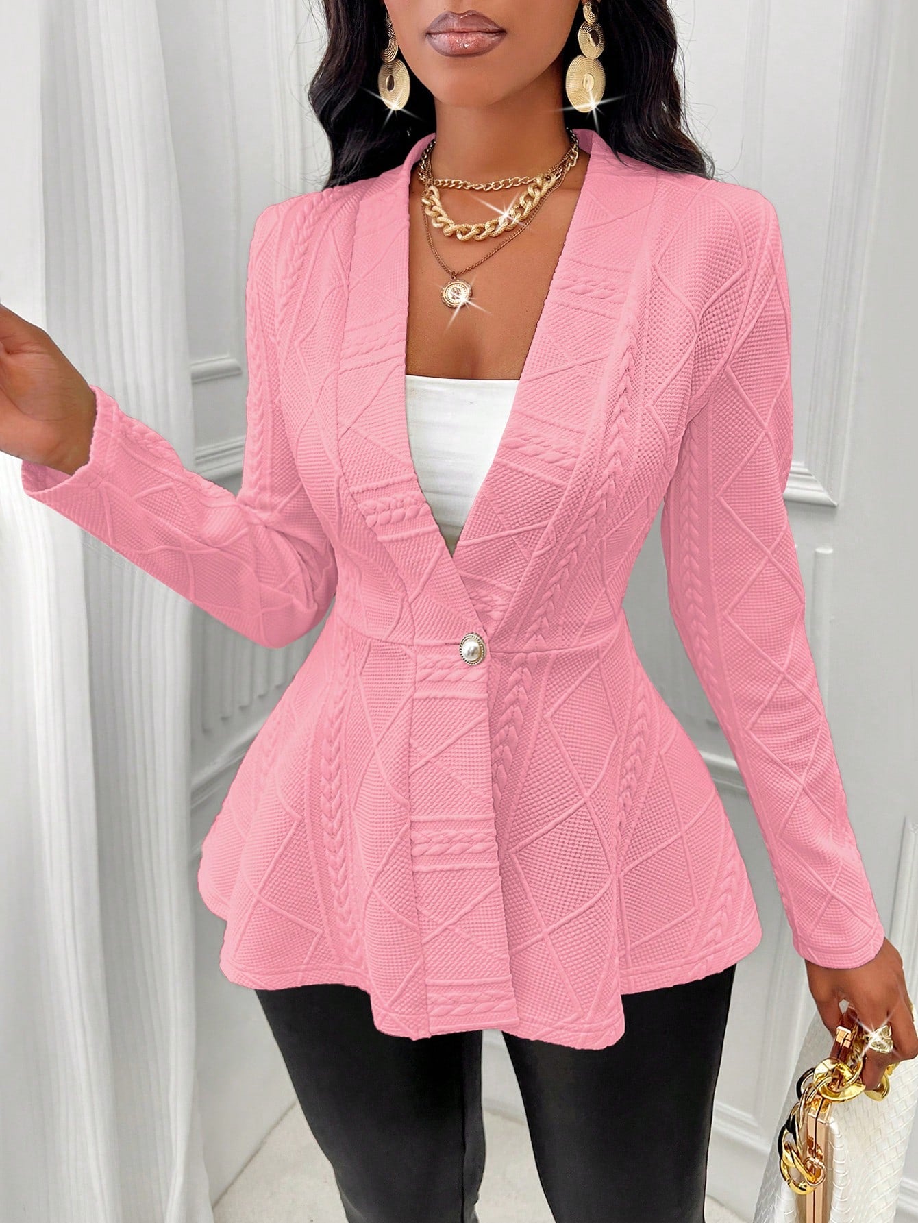 Solid Color Textured Single Button Jacket