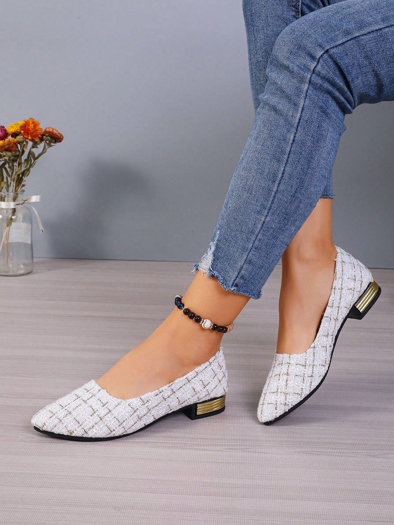 Women's Summer Plaid Slip-On Loafers, Korean Style Chunky Heel Soft Shoes