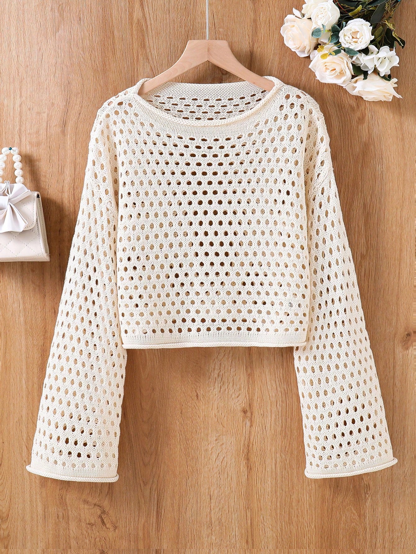 Teen Girl Solid Color Round Neck Perspective Sweater