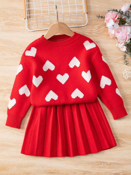 Young Girl Heart Pattern Sweater And Knit Skirt Set With Round Neckline