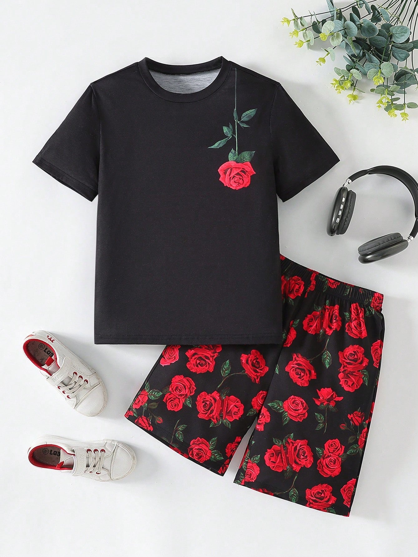 Tween Boys' Cartoon Rose Printed T-Shirt And Shorts Set