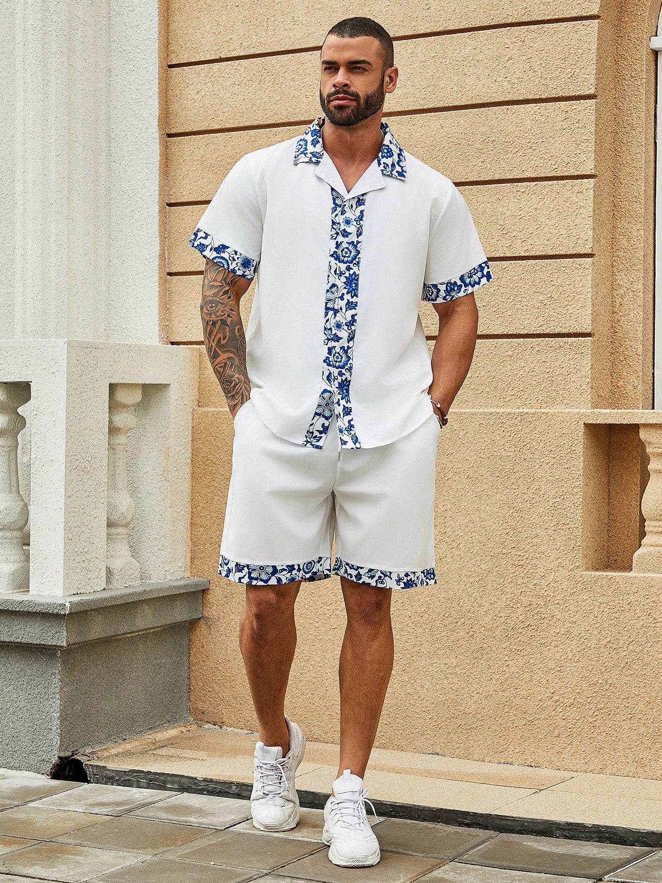 Plus Size Men's Floral Printed Patchwork Short Sleeve Shirt And Shorts Set