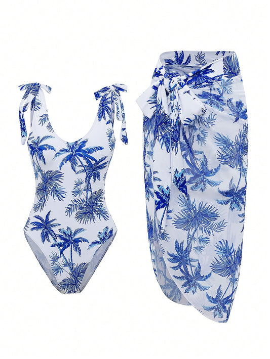 Women's Coconut Tree Print One Piece Swimsuit Set