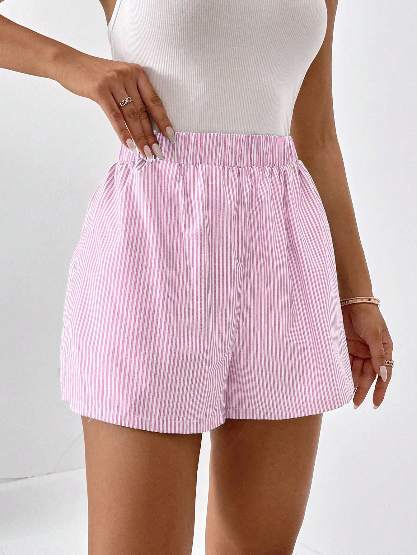 Striped Print Elastic Waist Shorts