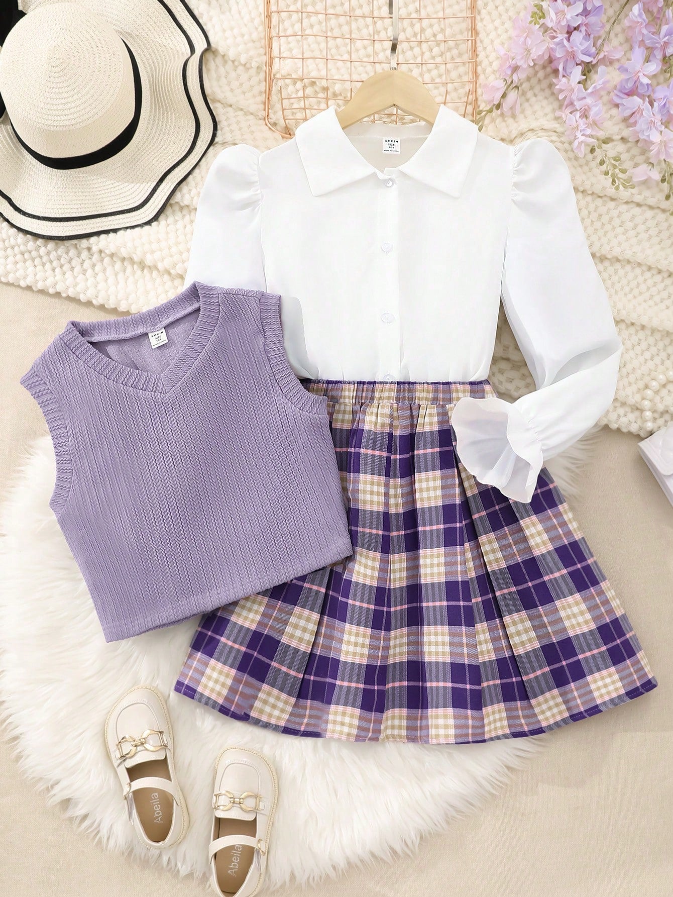 Tween Girls' Solid Color Shirt, Vest And Plaid Skirt Set