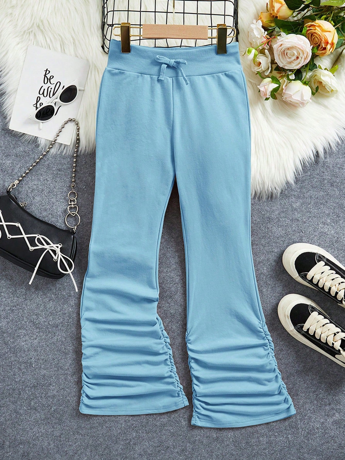 Tween Girl Knot Front Ruched Hem Flare Leg Sweatpants