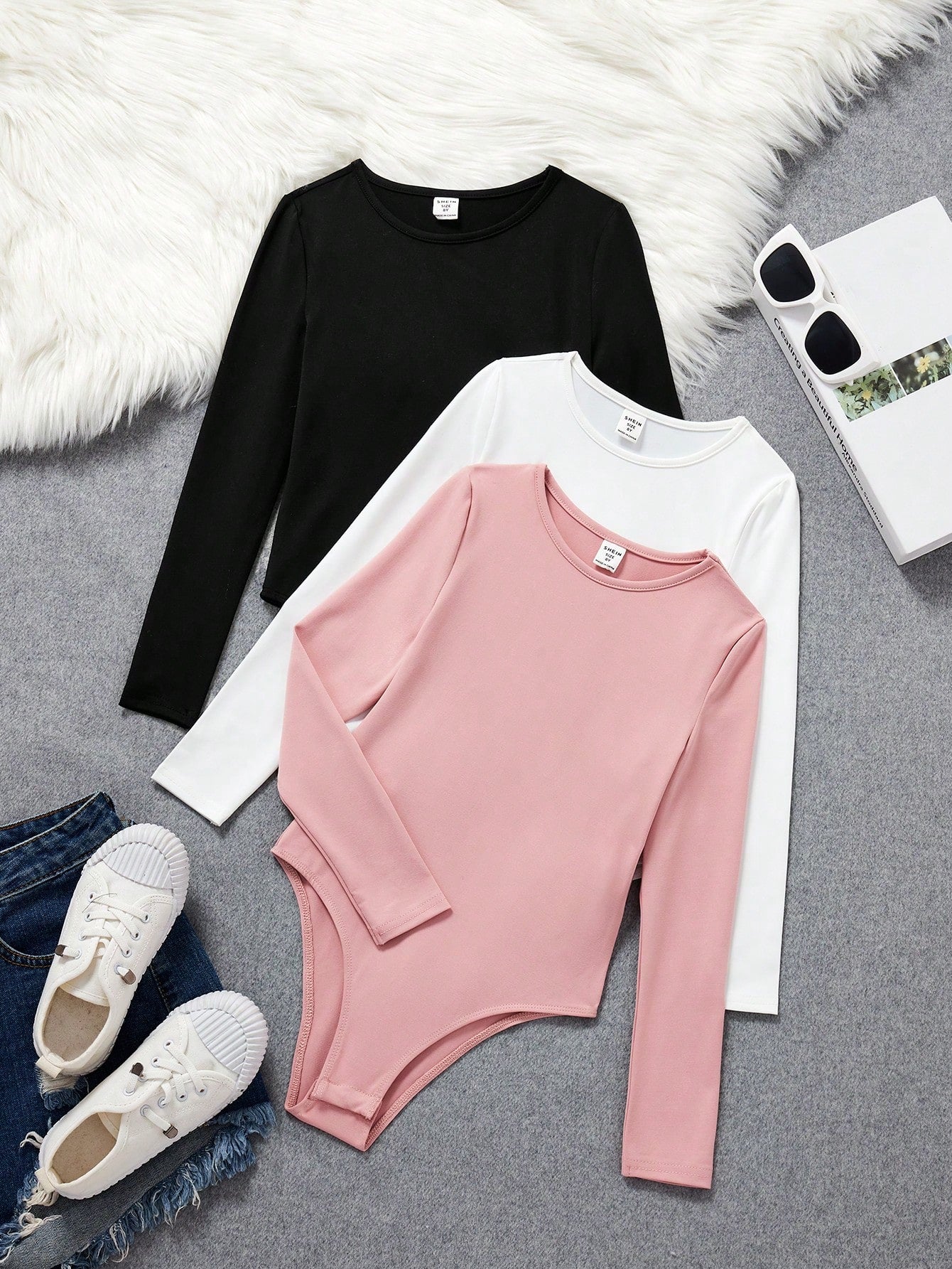 Tween Girl Three-Piece Knitted Solid Color Round Neck Fitted Casual Bodysuits