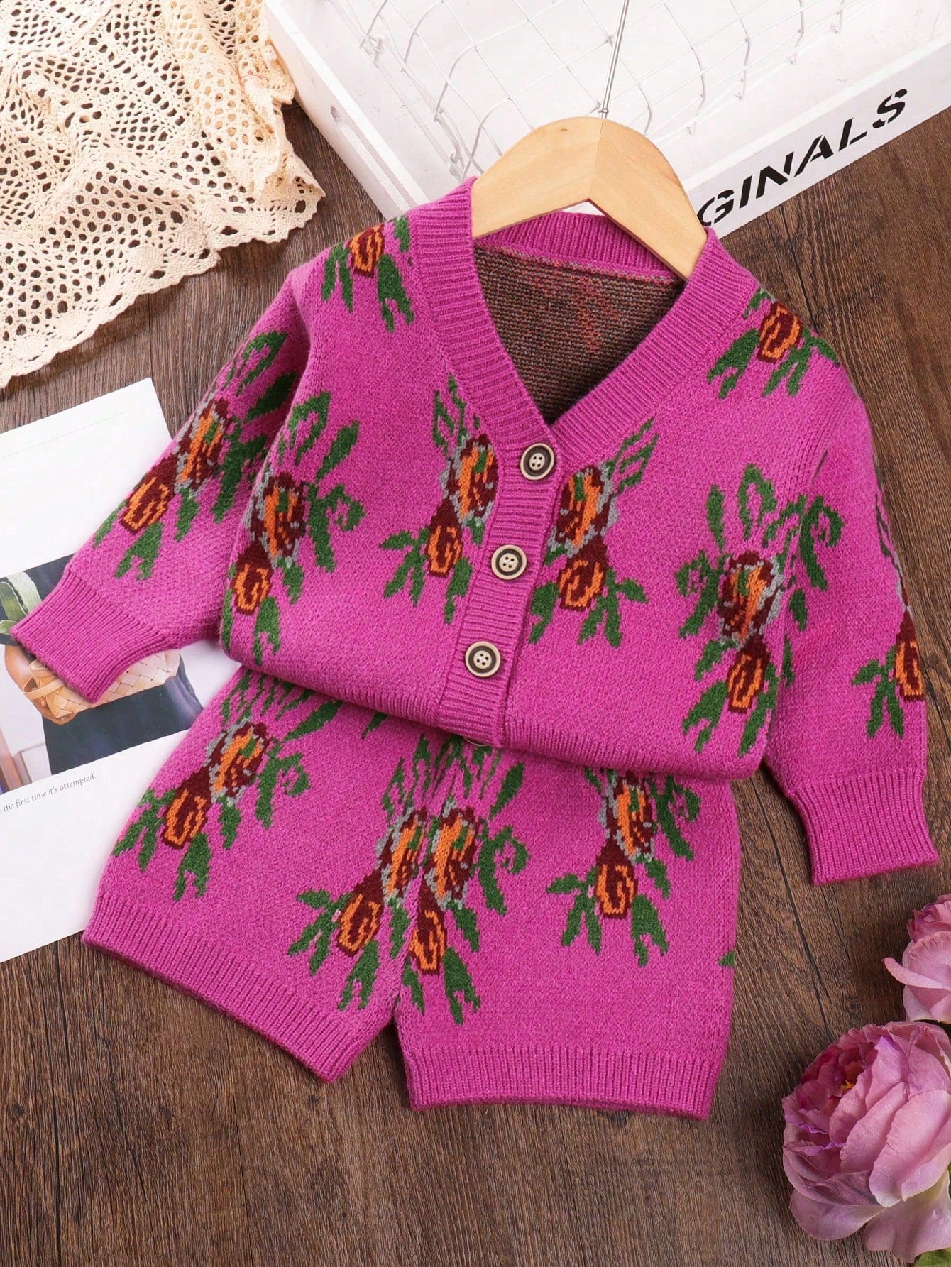 Young Girl 2pcs/Set Stylish Floral Cardigan And Shorts Set, Fall/Winter