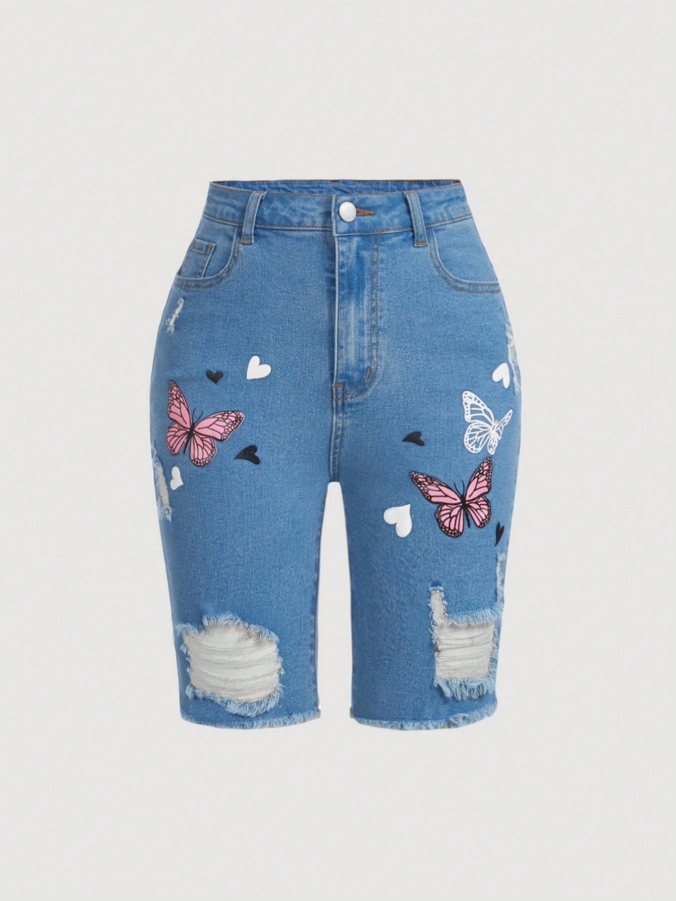 Teenage Girls' Butterfly Pattern Printed Distressed Denim Shorts