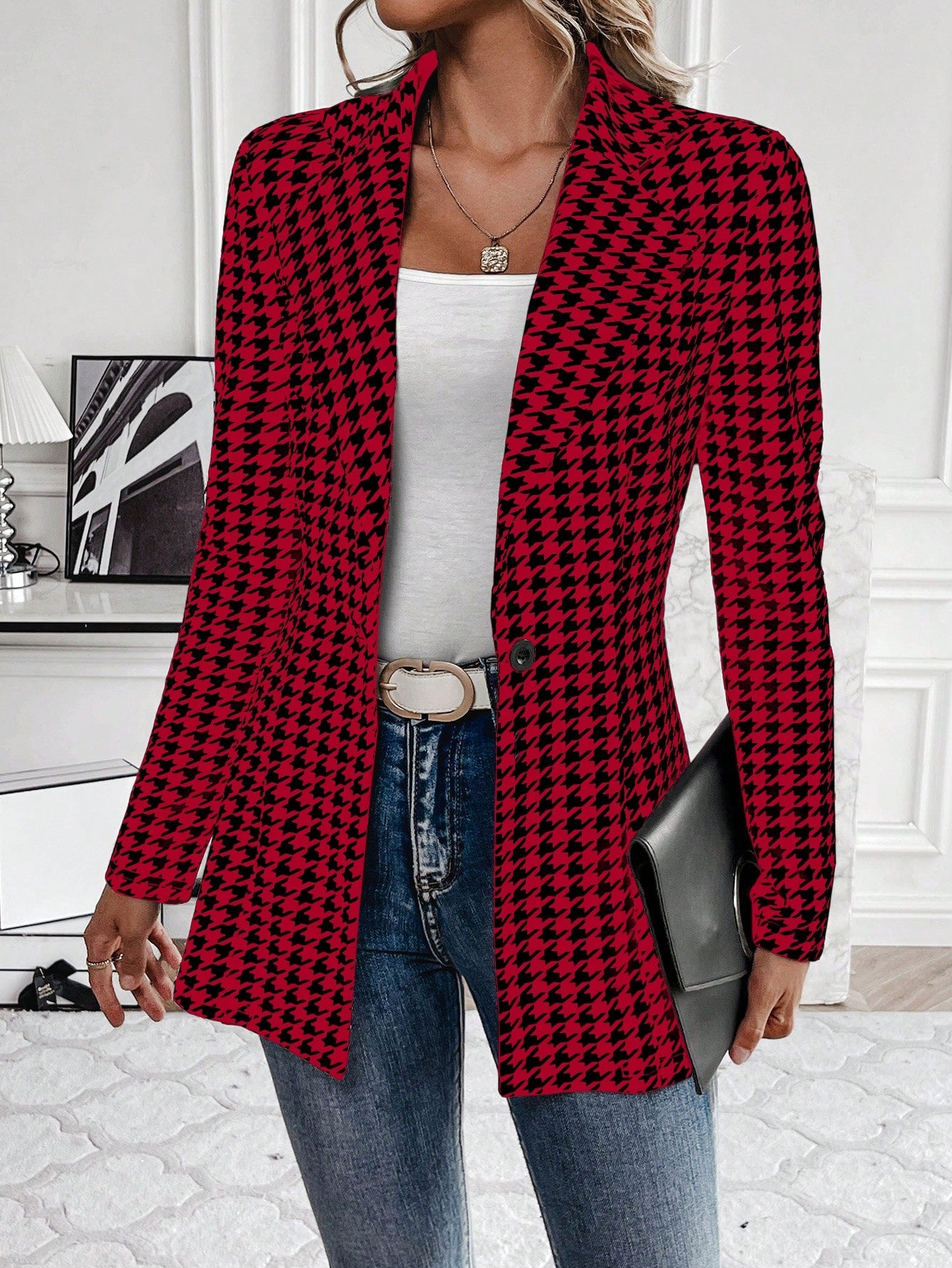 Women's Houndstooth Check Waist Slimming Blazer Jacket