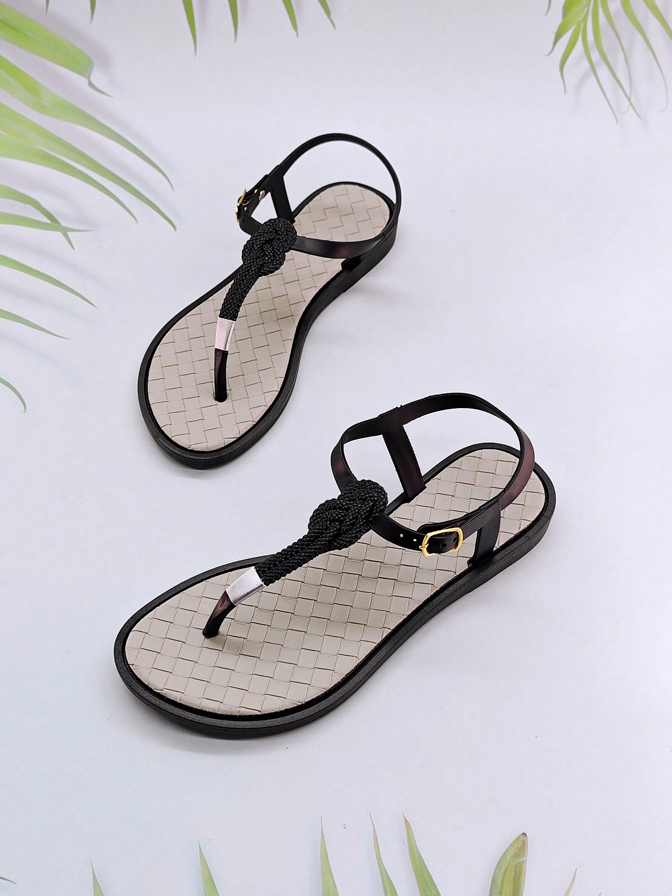 Women Braided Design Thong Sandals, Vacation Summer PVC Flat Sandals