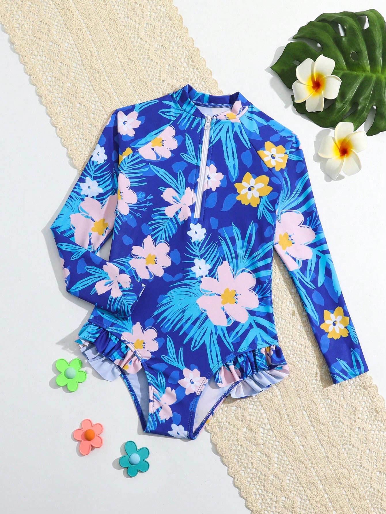 Young Girl Cute Tropical Plant Print One-Piece Swimsuit