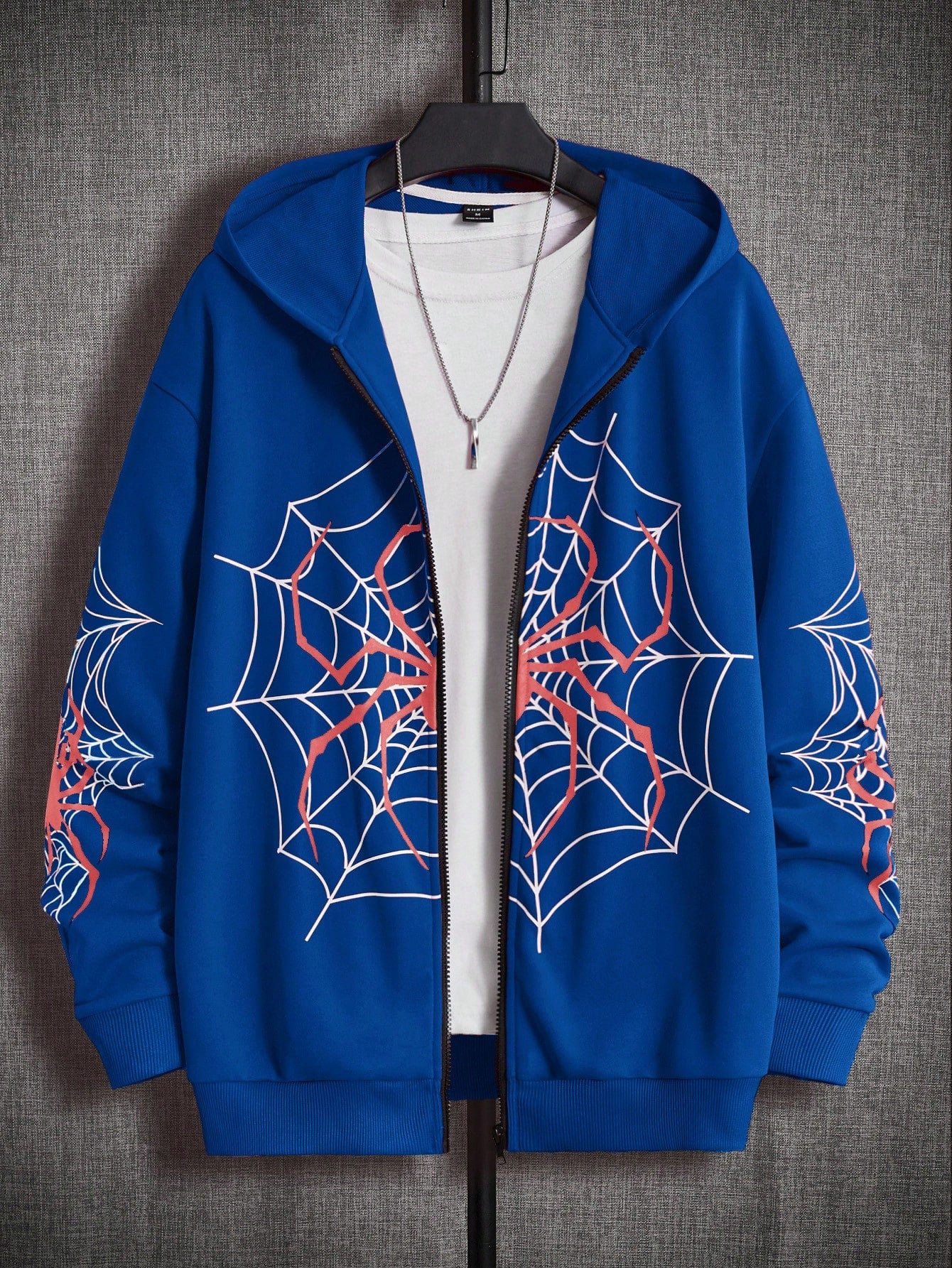 Loose-Fit Men's Spider Web Print Zip-Up Hoodie Without T-Shirt