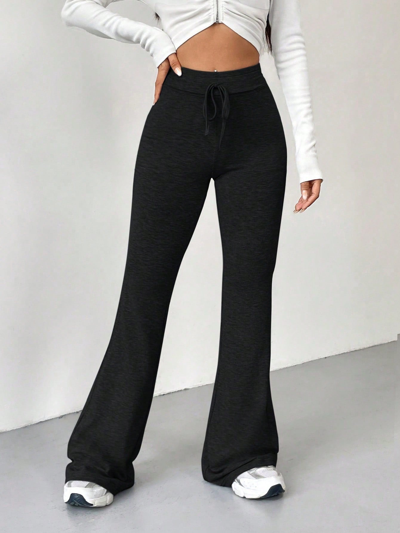 Retro Style Grey Tie Waist Flare Leg Sweatpants