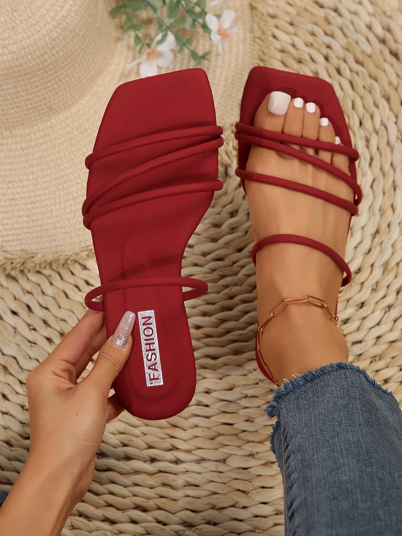 New Arrival Spring/Summer Minimalist Striped Flat Slides Sandals For Women, Pink, Plus Size