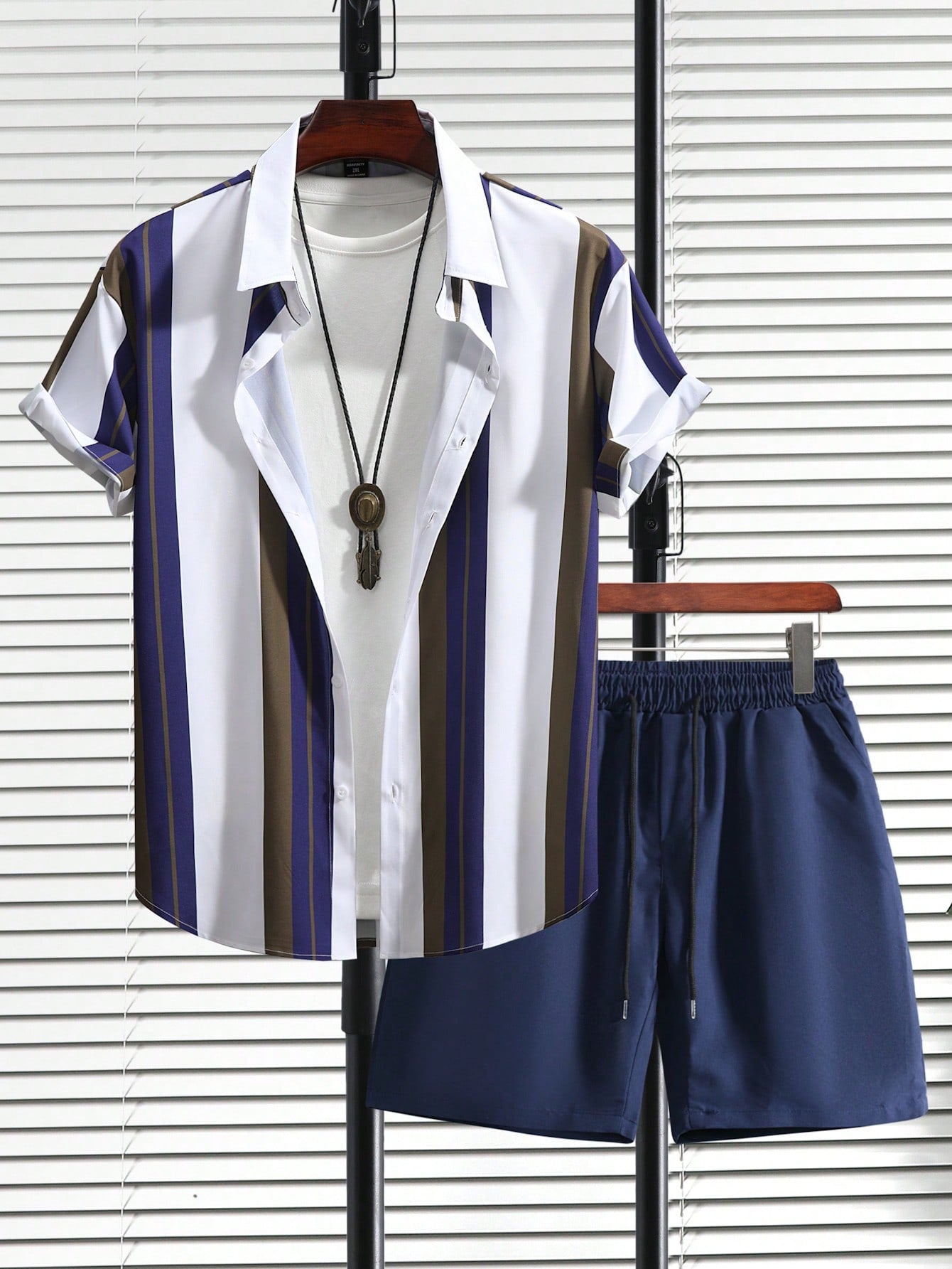 Men'S Plus Size Striped Short Sleeve Shirt And Shorts Set