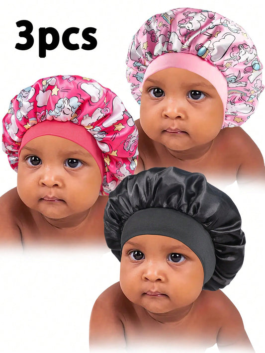 3pcs Kids' Bonnet Hat Set, Elastic & Printed & Comfortable Headwear