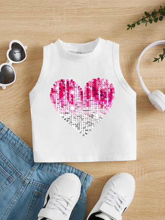 Young Girls' Casual Heart Pattern Sleeveless Tank Top Suitable For Summer