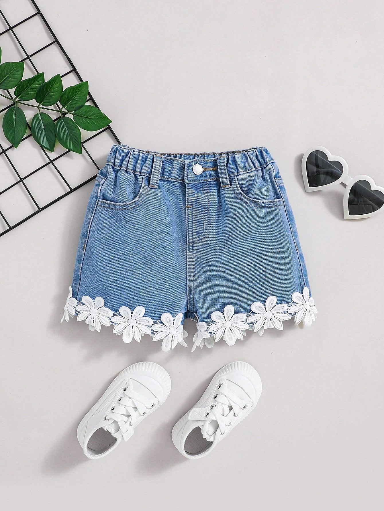 Young Girl Spring Summer Boho Cute Lace Trim Elastic Waistband Loose Fit Comfortable Denim Shorts