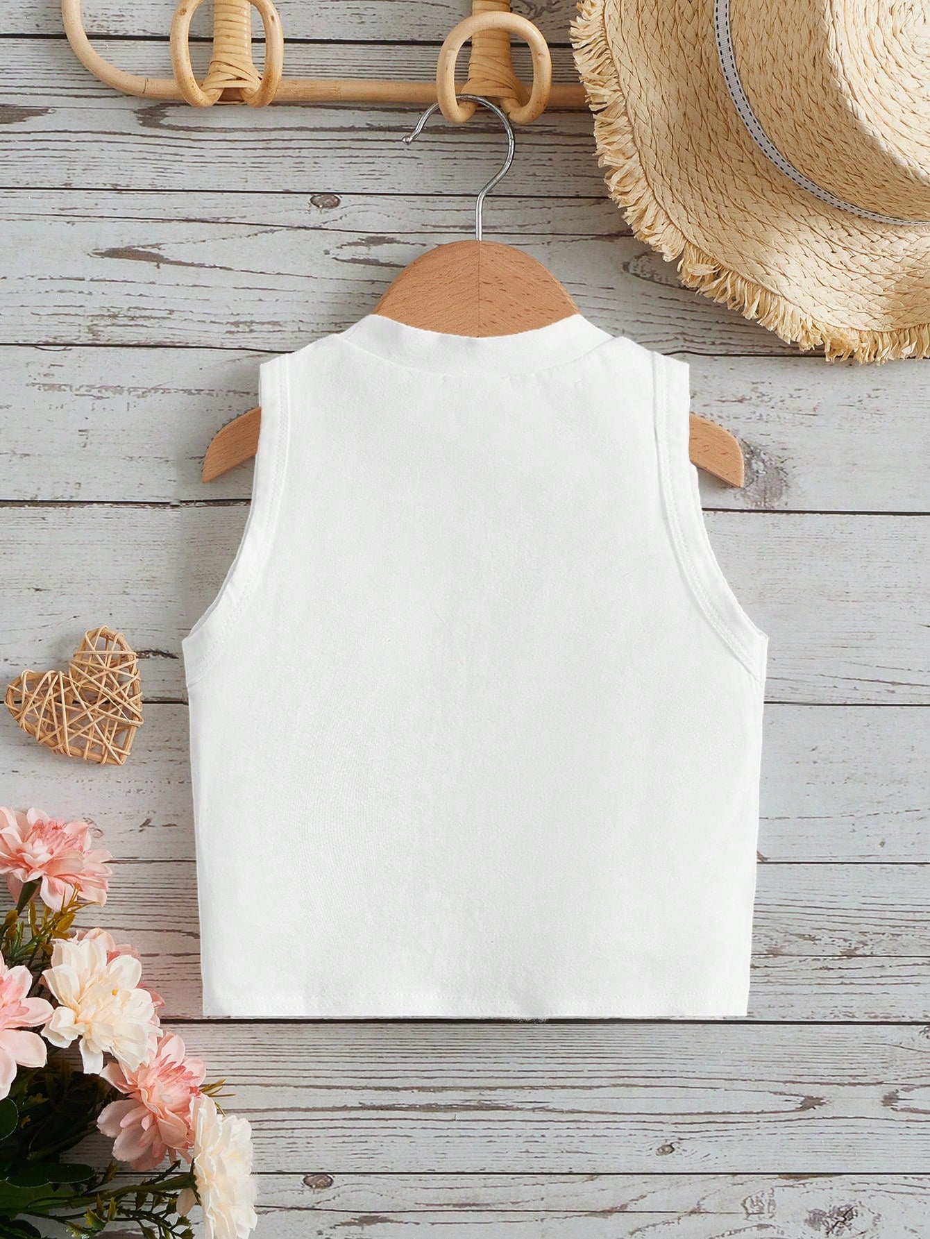 Young Girl Casual Minimalist Sleeveless Round Neck Tank Top With Letter & Floral Print, Perfect For Summer